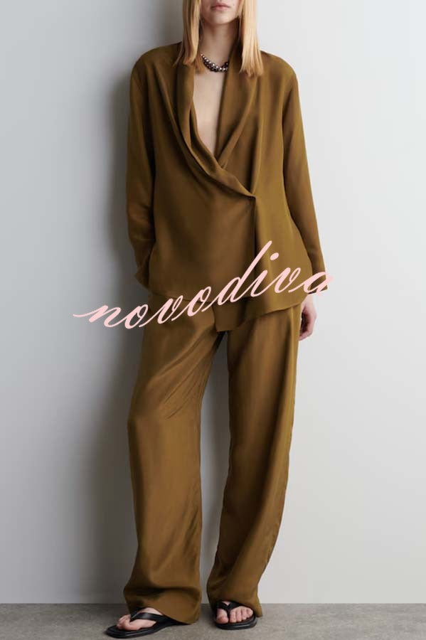 Bella Satin Drape Collar Single Button Casual Blazer and Elastic Waist Pocket Loose Pants Set