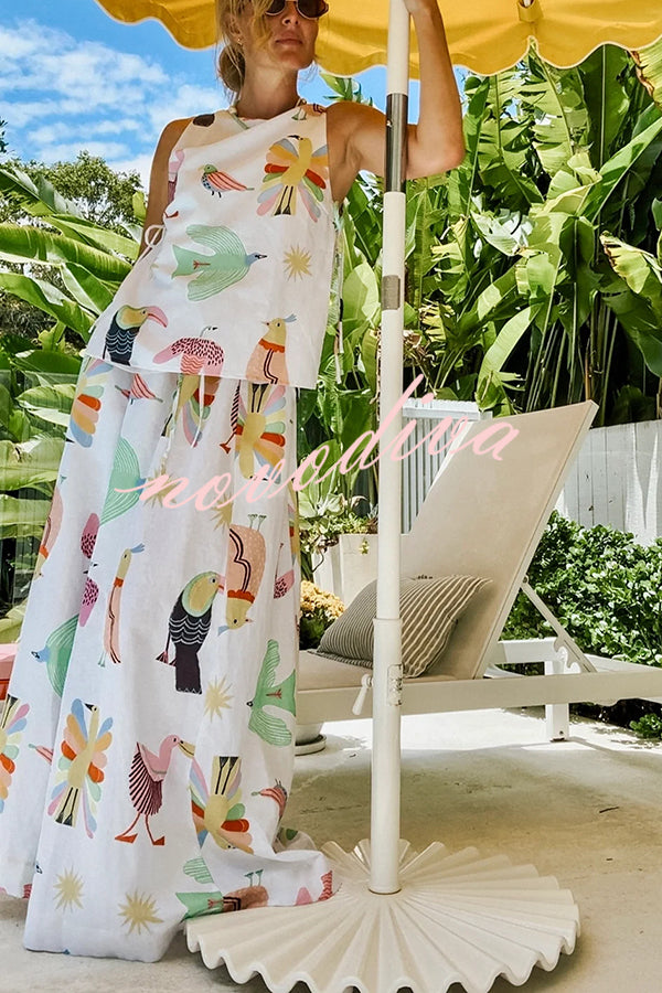 Island Paradise Linen Blend Unique Print Tie-up Slit Tank and Elastic Waist Pocketed Maxi Skirt Set