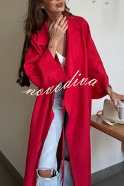 Linen Blend Solid Color Casual Lapel Tie Loose Maxi Dress