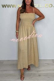Solid Color Casual Short Jacket and Suspender Pleated Maxi Dress Set