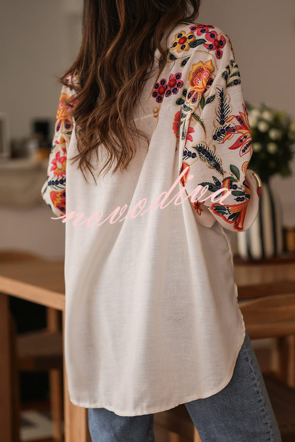 Botanical Print Loose Lapel Long Sleeve Casual Shirt
