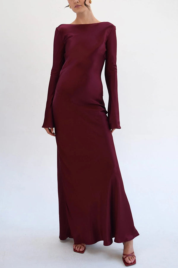 Satin Elegant Long-sleeved Open-back Slim-fit Slit Maxi Dress