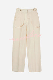 So Chic Linen Blend Buttoned Waist Tiered Pockets Wide Leg Pants