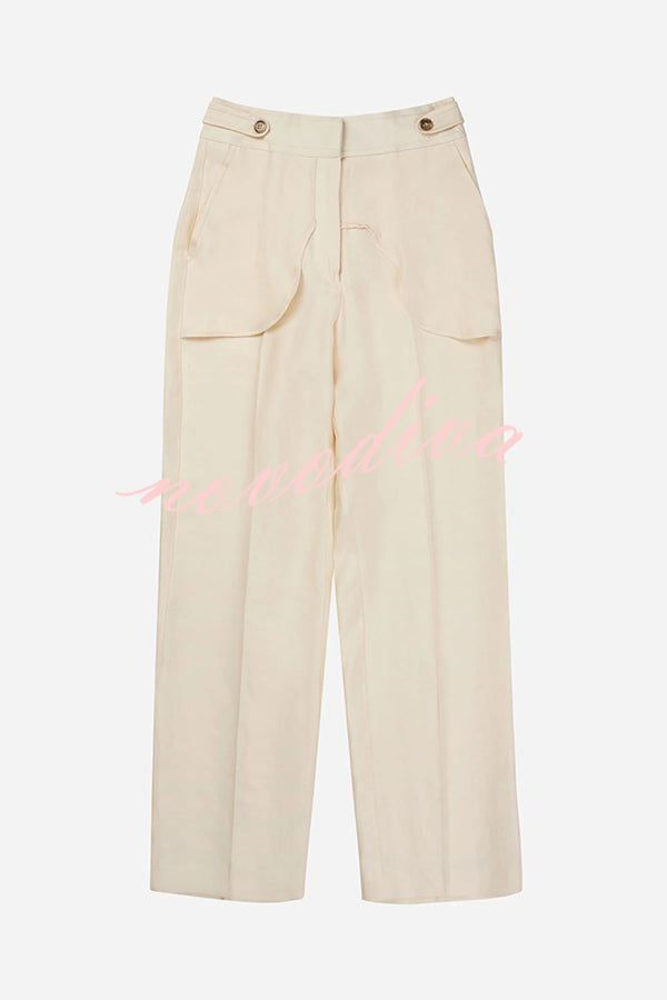 So Chic Linen Blend Buttoned Waist Tiered Pockets Wide Leg Pants