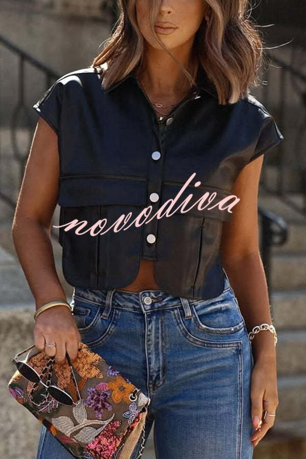 Fashion Faux Leather Pocket Sleeveless Cropped Jacket