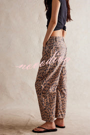 We The Free Denim Leopard Print Mid Rise Pocketed Barrel Jeans