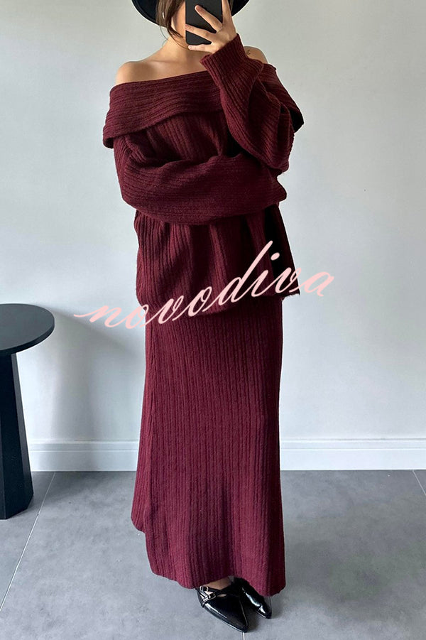 Luka Ribbed Knit Off Shoulder Long Sleeve Sweater and Stretch Maxi Skirt Set