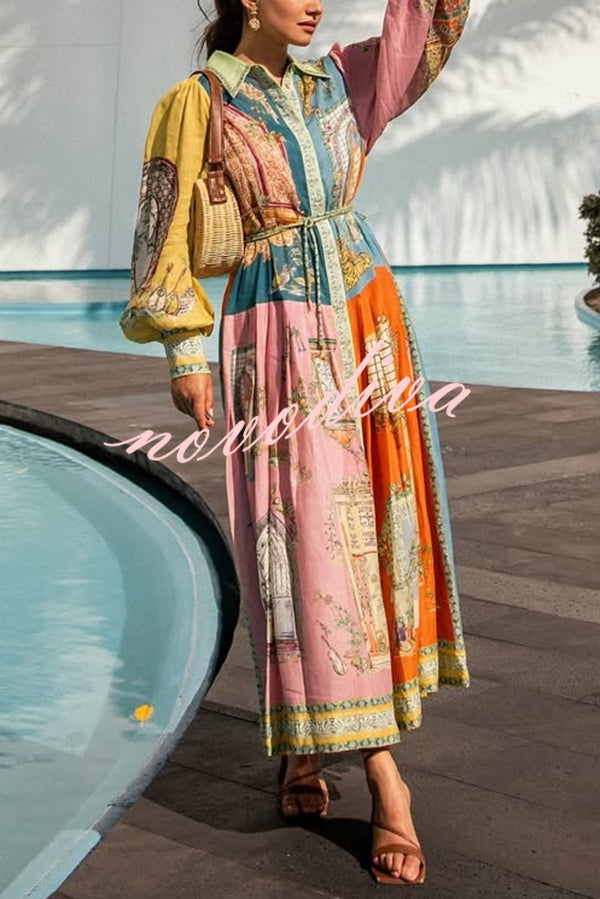 Unique Print Lapel Lantern Sleeve Single Breasted Tie Waist Midi Dress