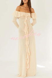 Darling Way Knit Off Shoulder Long Sleeve Drape Ruffles Slit Stretch Maxi Dress