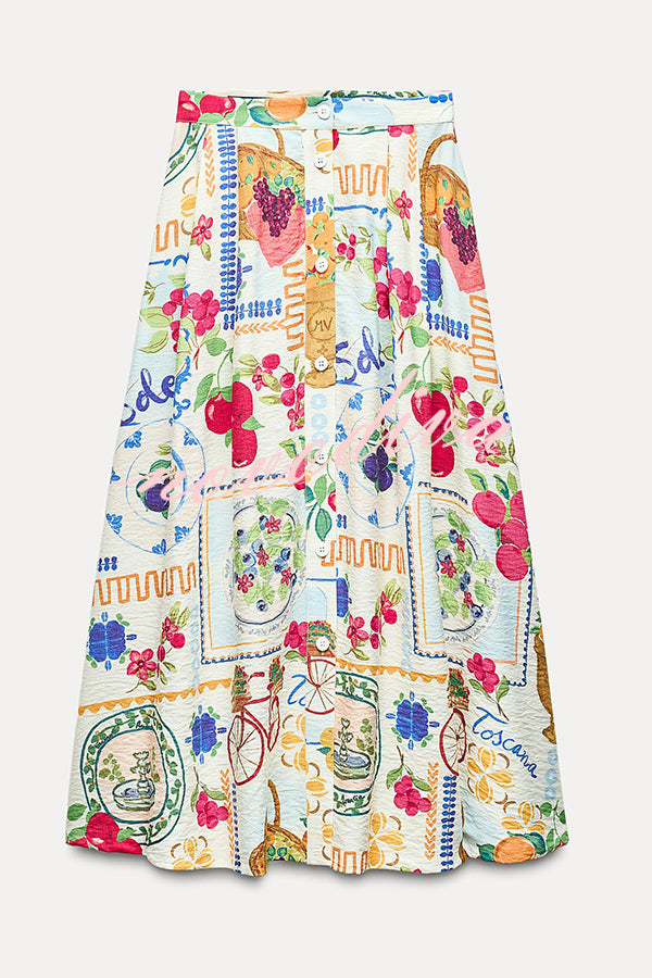 Linen-blend Fruit Print Halterneck Pleated Top and Pocket Button-down Maxi Skirt Set