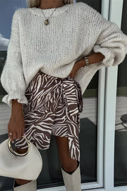 Solid Color Round Neck Ruffled Long Sleeve Knitted Sweater