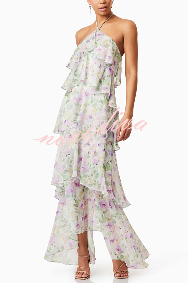 Cocktail Party Sheer Floral Georgette Halter Flowy Tiered Maxi Dress