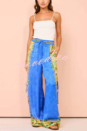 Nara Satin Unique Print Side Lace-up Tank and Elastic Waist Pocketed Wide Leg Pants Set