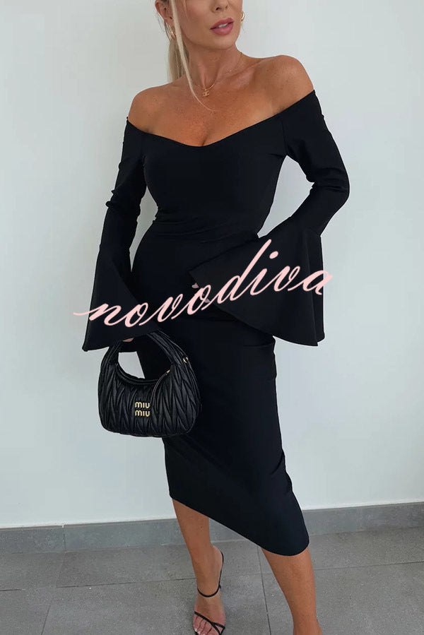 Solid Color Sexy Off-shoulder Trumpet Sleeve Slim Midi Dress