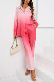 Gradient Long-sleeved Shirt Top and Loose-fitting Pocket Straight-leg Pants Set