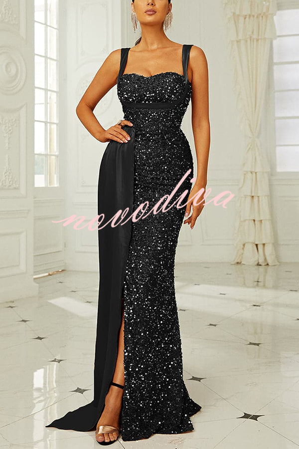 Banquet Sequined Backless Strappy Fishtail Maxi Dress