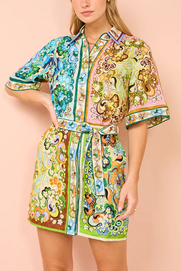 Sasha Linen Blend Unique Printed Shirt Style Tie-waist Mini Dress