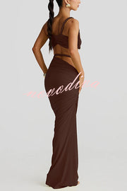 Sexy Halter Back Braided Suspender Top and Beach Holiday Style Hip-wrapped Maxi Skirt Set