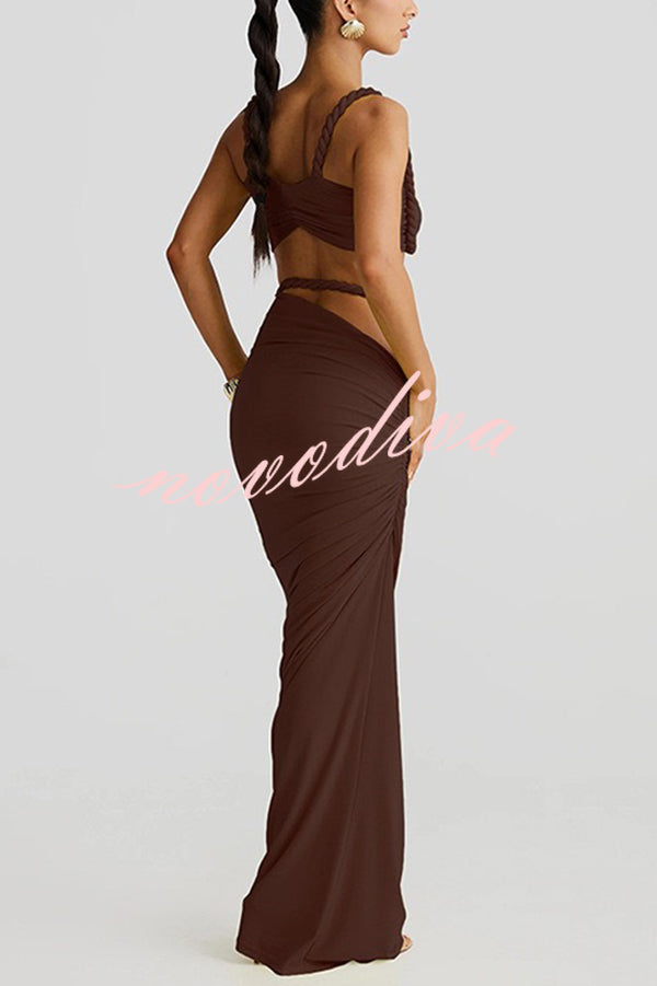 Sexy Halter Back Braided Suspender Top and Beach Holiday Style Hip-wrapped Maxi Skirt Set