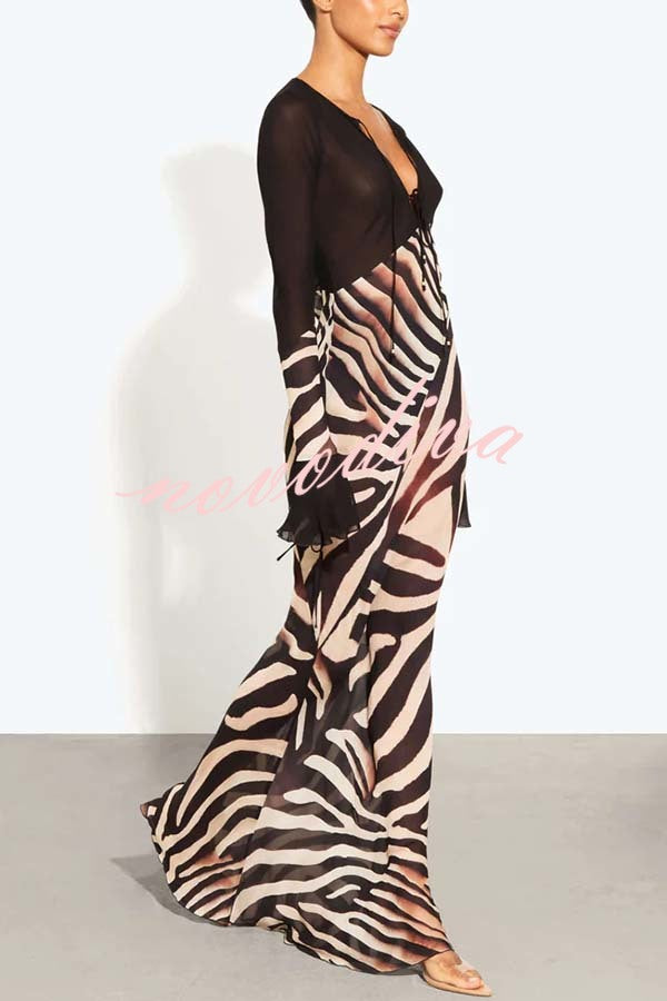 City Night Chiffon Colorblock Animal Print Tie-up Long Sleeve Maxi Dress