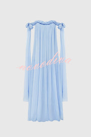 Fairy Spirit Tulle Braided Neckline Tie Arm Straps Pleated Maxi Dress