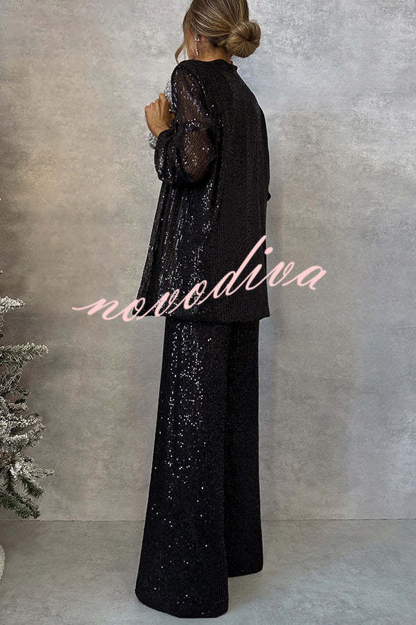 Party Scene Sequin Open Front Long Sleeve Drape Coat