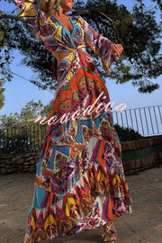 Colorful Day Unique Print Bell Sleeve Cutout Waist Layered Maxi Dress