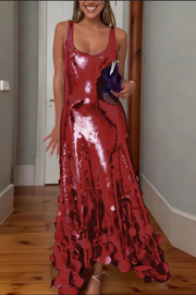 Party Tips Sequin Irregular Round Tassels Hem Back Cutout Tank Maxi Dress