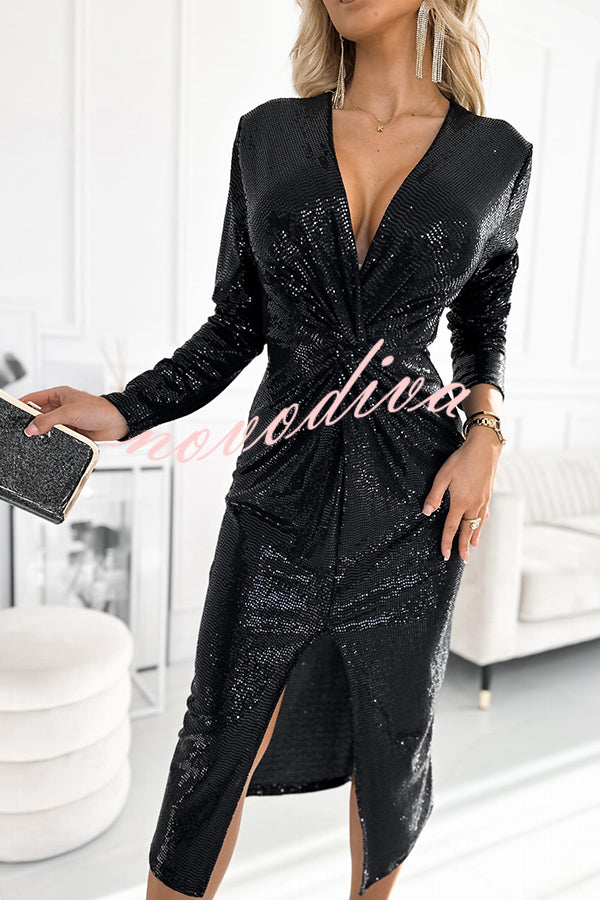 Coralia Sequin V-neck Long Sleeve Twist Waist Front Slit Midi Dress