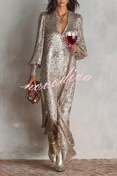 Minimalist Sparkling Sequin V-neck Long Balloon Sleeve Slit Party Maxi Dress