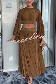 Dramatic Queen Gathered Batwing Sleeve Crop Top and Elastic Waist Slit Maxi Skirt Set