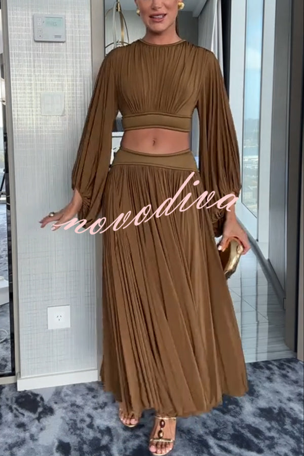 Dramatic Queen Gathered Batwing Sleeve Crop Top and Elastic Waist Slit Maxi Skirt Set