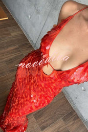 Reshape Beauty Fish Scale Sequin Cutout U-neck Slip Maxi Dress