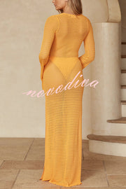 Seaside Goddess Crochet Knit Hollow Out Golden Ring Long Sleeve Cover-up Maxi Dress