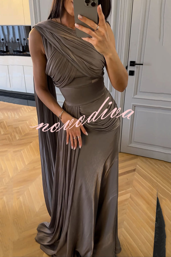 Solid Color Satin Sleeveless Waist Elegant Pleated Ribbon Maxi Dress