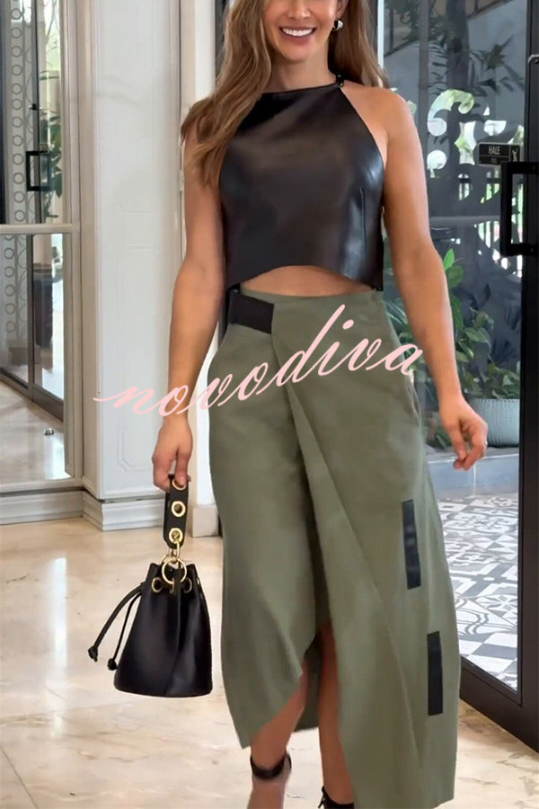 Stylish Cropped Sleeveless Top and Pockets Irregular Hem Skirt Set