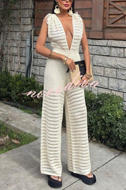 Solid Color Knitted V-neck Holiday Hollow Casual Jumpsuit