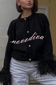 Solid Color Elegant Feather Long Sleeve Casual Knitted Cardigan