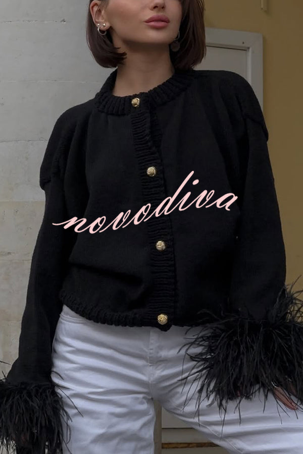 Solid Color Elegant Feather Long Sleeve Casual Knitted Cardigan