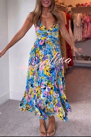 Wedding Party Season Floral Print Pleated Back Tie-up Midi Dress