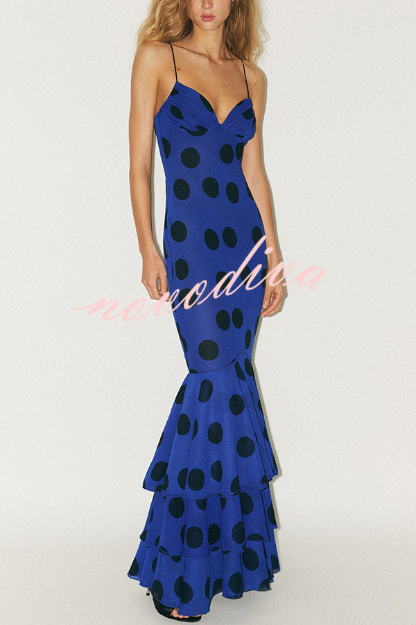 Eliora Mesh Polka Dot Print Gathered Bust Layered Fishtail Hem Maxi Dress