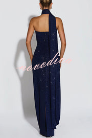 Pandra Glittery Crepe Fabric Off Shoulder Ruched Slit Cape Maxi Dress