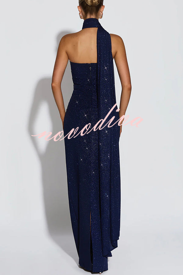 Pandra Glittery Crepe Fabric Off Shoulder Ruched Slit Cape Maxi Dress