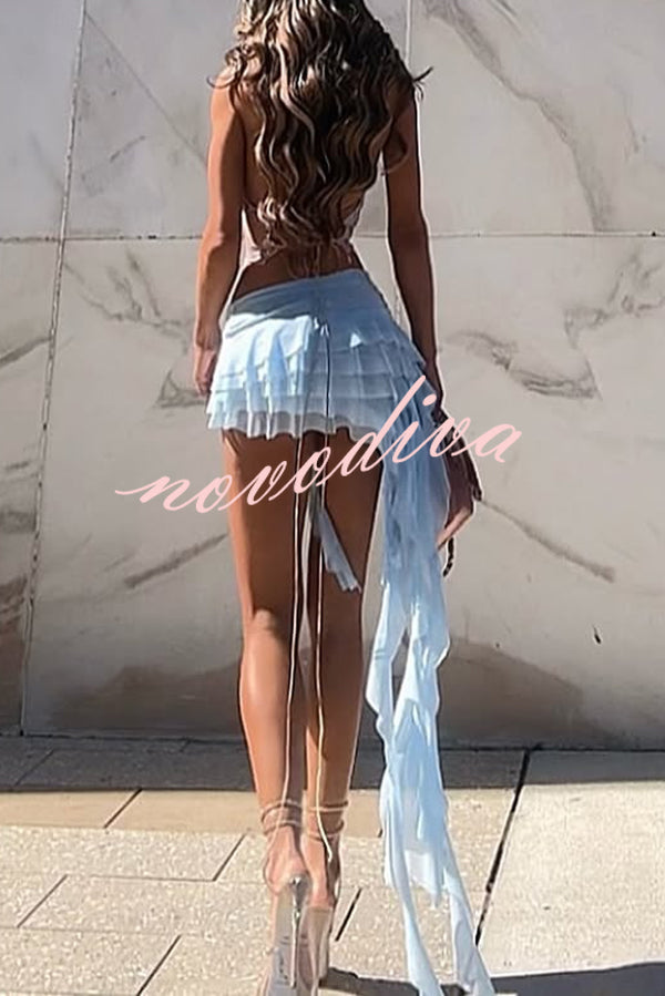 Solid Color Pleated Ruffle Ribbon Cake Mini Skirt