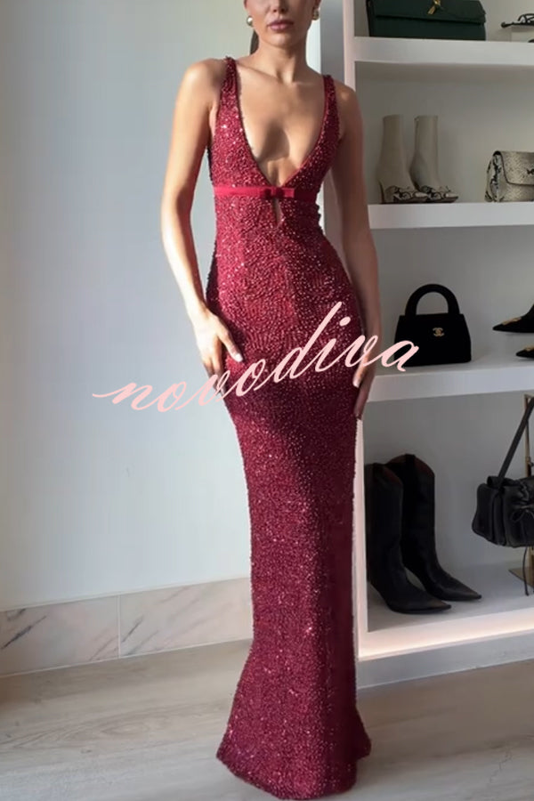 Festival Shines Sequin Beaded Mesh Bow Cutout Detail Slit Maxi Dress