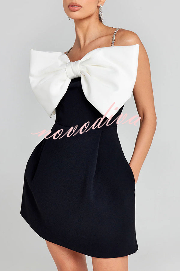 Eye-catching Satin Bow Applique Diamond Strap Contrast Pocketed Mini Dress