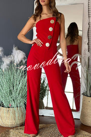 Solid Color Sexy Tube Top Gold Button Embellished Bootcut Jumpsuit