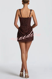 Cornelia Square Neck Back Lace-up Satin Drape Hem Mini Dress
