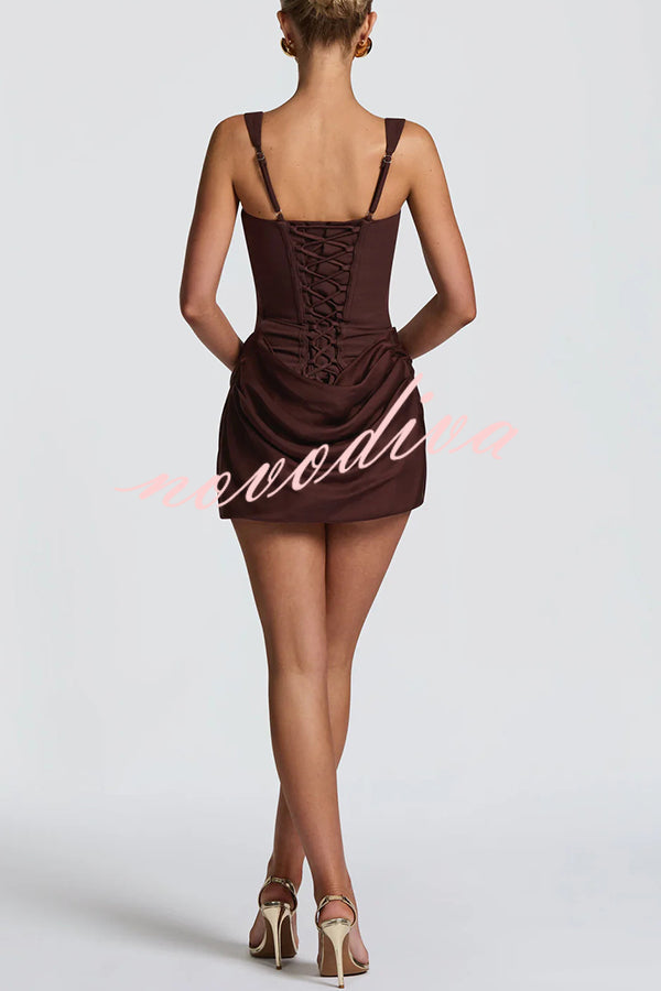 Cornelia Square Neck Back Lace-up Satin Drape Hem Mini Dress