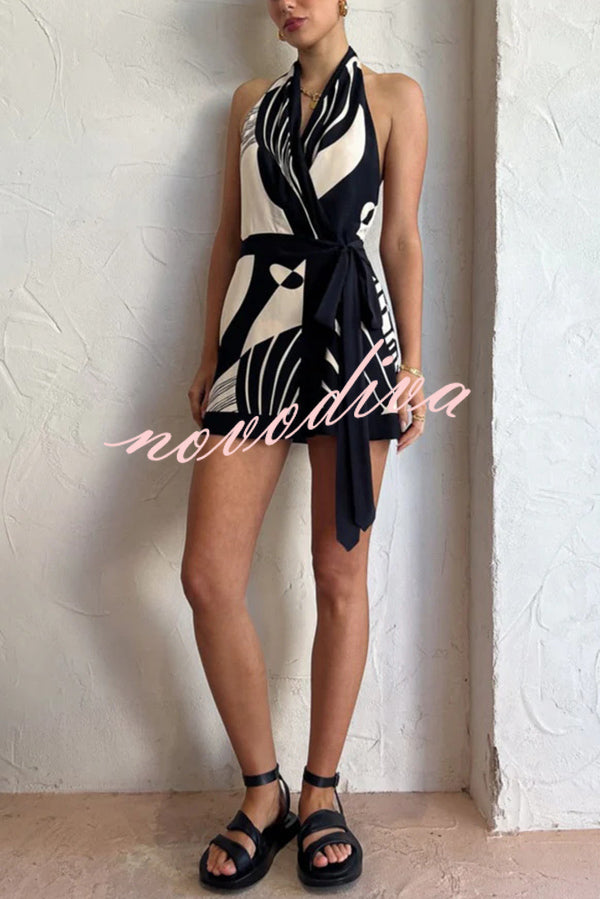 Unique Printed Open Back Waist Tie Holiday Mini Dress